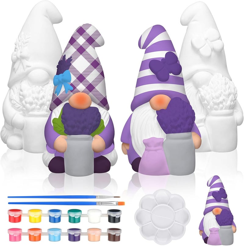 Seenelling 2 Pack Lavender Dream Gnomes Ready to Paint Your Own Statues 4'' DIY Unpainted Ceramics Figurines Kit Paintable Ceramics Art and Crafts Purple Fragrance Wonderland Journey Decor - Image 1